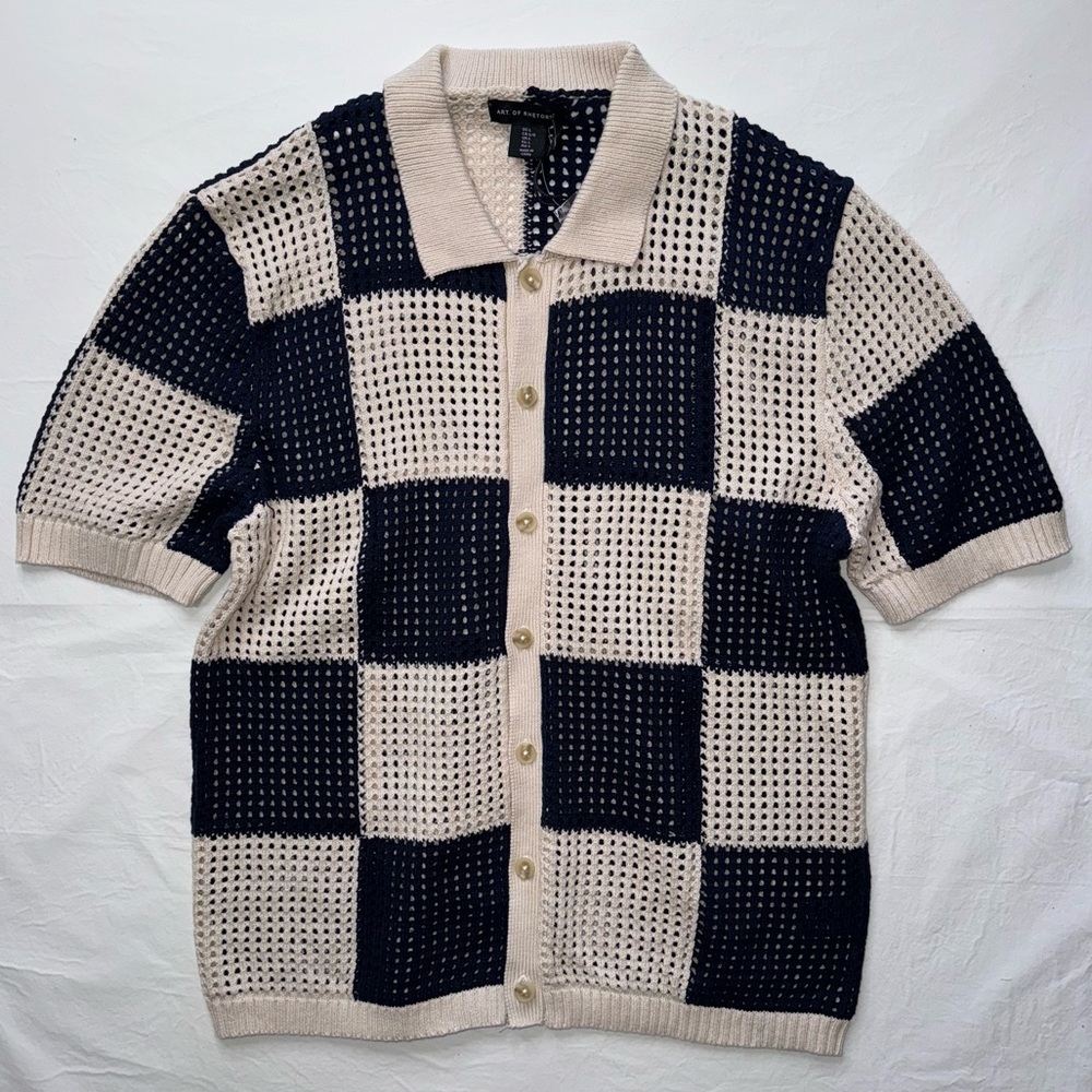 Art Of Rhetoric - Checked Short-Sleeve Knit Polo Sweater Shirt- Beige & Black